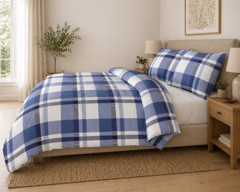 Pościel 200x200 + 2 poszewki | 100% bawełna | 2029 krata granat