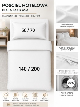 Pościel hotelowa PŁÓTNO 140x200 + 50x70 | Zamek ekspresowy | 100% bawełna