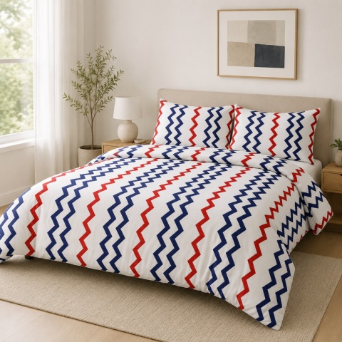 Pościel 160x220 + 2 poszewki| 100% bawełna |Pościel w zygzaki – granat i czerwień