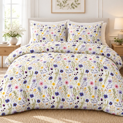 Pościel 220x240 + 2 poszewki | 100% bawełna | 2097 Kwiecista łąka